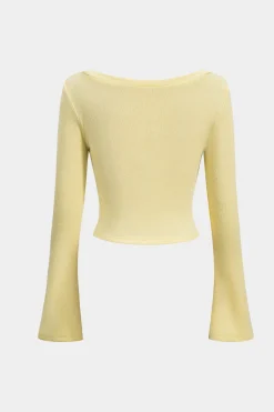 MICAS Knitwear|Knit Tops-Knit Button Square Neck Bell Sleeve Top CREAM YELLOW