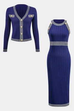 MICAS Knitwear|Knit Sets-Knit Button Sweater Cardigan And Dress Set NAVY