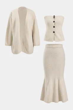 MICAS Knit Sets-Knit Button Tank Top And Cardigan And Skirt Set IVORY