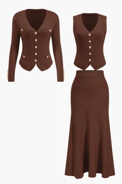 MICAS Knitwear|Knit Sets-Knit Button Vest And Cardigan And Skirt Set