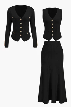MICAS Knitwear|Knit Sets-Knit Button Vest And Cardigan And Skirt Set