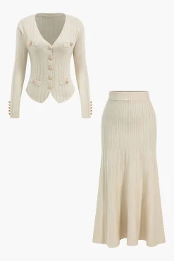 MICAS Knitwear|Knit Sets-Knit Button Vest And Cardigan And Skirt Set