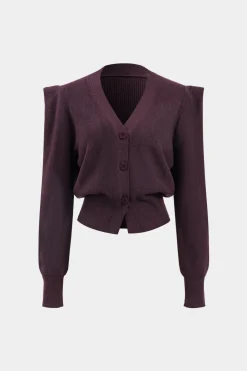 MICAS Outerwear|Knitwear-Knit Button V-Neck Cardigan BURGUNDY
