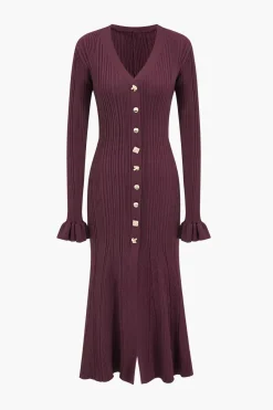 MICAS Long Sleeve Dresses|Knitwear-Knit Button V-Neck Dress