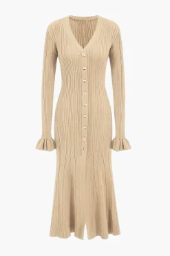 MICAS Long Sleeve Dresses|Knitwear-Knit Button V-Neck Dress