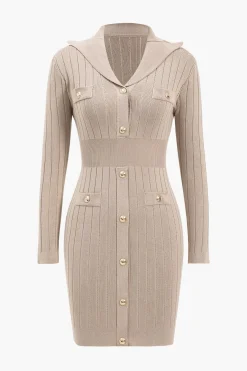 MICAS Long Sleeve Dresses|Knitwear-Knit Button V-Neck Hollow Out Long Sleeve Dress