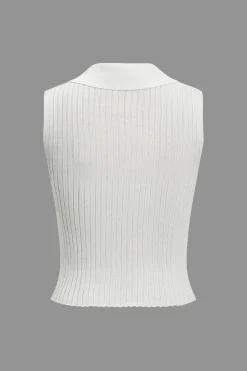 MICAS Knitwear|Knit Tops-Knit Button V-Neck Tank Top WHITE