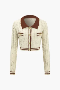 MICAS Knitwear|Knit Tops-Knit Color Block Button Fake Pockets Long-Sleeve Top