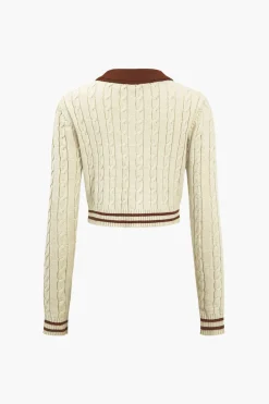 MICAS Knitwear|Knit Tops-Knit Color Block Button Fake Pockets Long-Sleeve Top