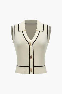 MICAS Knit Tops-Knit Color Block Button Vest
