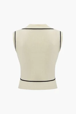 MICAS Knit Tops-Knit Color Block Button Vest