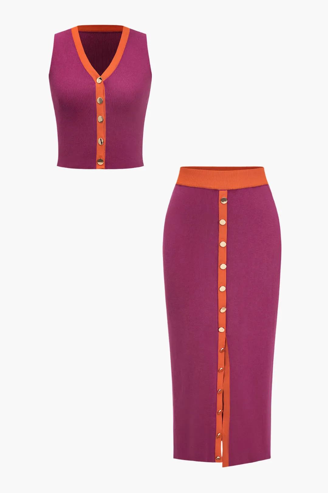 MICAS Knitwear|Knit Sets-Knit Color-Block Button Tank Top And Skirt Set RASPBERRY