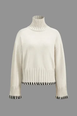 MICAS Knitwear|Knit Tops-Knit Contrast Whipstitching Long-Sleeve Top BEIGE