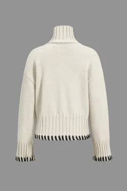 MICAS Knitwear|Knit Tops-Knit Contrast Whipstitching Long-Sleeve Top BEIGE
