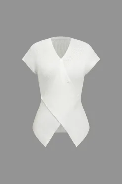 MICAS Knit Tops-Knit Crossed Asymmetrical Short-Sleeve Top WHITE