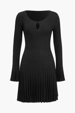 MICAS Long Sleeve Dresses|Knit Dresses-Knit Cut Out Long Sleeve Bell Sleeve Dress BLACK