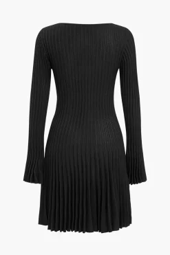 MICAS Long Sleeve Dresses|Knit Dresses-Knit Cut Out Long Sleeve Bell Sleeve Dress BLACK