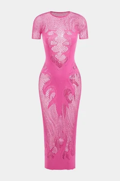 MICAS Knitwear|Knit Dresses-Knit Cut Out Sheer Short Sleeve Dress DEEP PINK