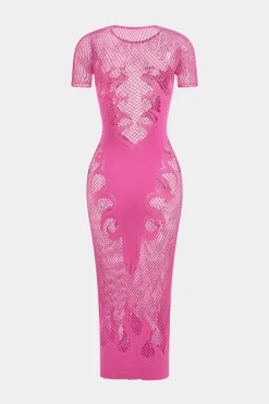 MICAS Knitwear|Knit Dresses-Knit Cut Out Sheer Short Sleeve Dress DEEP PINK