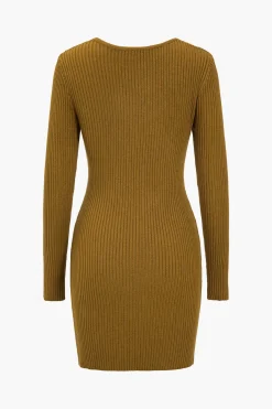 MICAS Long Sleeve Dresses|Knitwear-Knit Cut Out Twist Knot V-Neck Long Sleeve Dress TAN