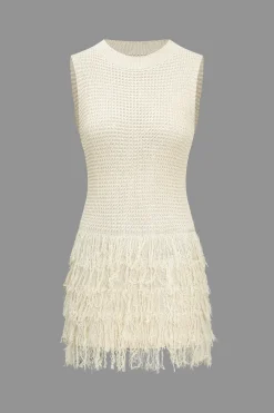 MICAS Knitwear|Knit Dresses-Knit Fringe Sleeveless Mini Dress BEIGE