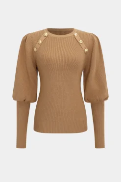 MICAS Knit Tops-Knit Gold Button Gigot Sleeve Long-Sleeve Top KHAKI