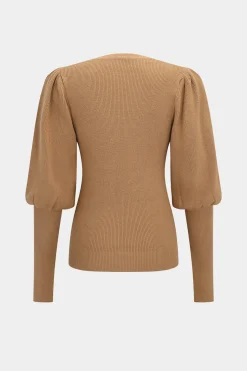 MICAS Knit Tops-Knit Gold Button Gigot Sleeve Long-Sleeve Top KHAKI