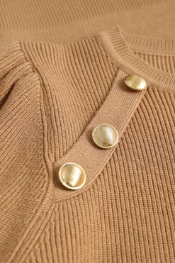 MICAS Knit Tops-Knit Gold Button Gigot Sleeve Long-Sleeve Top KHAKI