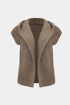 MICAS Outerwear|Knitwear-Knit Hooded Short Sleeve Cardigan LIGHT BROWN