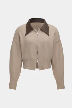 MICAS Outerwear|Knitwear-Knit Leather Patchwork Zipper Cardigan SAGE