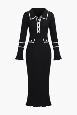 MICAS Long Sleeve Dresses|Knitwear-Knit Long Sleeve Button Dress