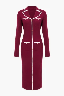MICAS Long Sleeve Dresses|Knit Dresses-Knit Long Sleeve Button Pocket Dress