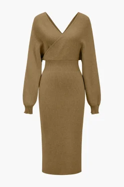 MICAS Long Sleeve Dresses|Knitwear-Knit Long Sleeve V-Neck Slit Dress