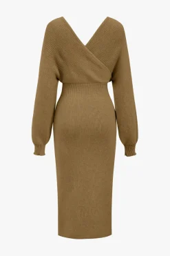 MICAS Long Sleeve Dresses|Knitwear-Knit Long Sleeve V-Neck Slit Dress