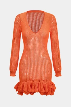 MICAS Long Sleeve Dresses|Knitwear-Knit Mesh Scallop Edge Long Sleeve Dress