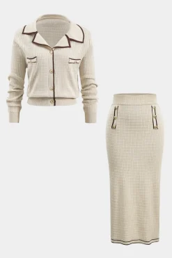 MICAS Knitwear|Knit Sets-Knit Metallic Button Fake Pocket Long-Sleeve Top And Skirt Set BEIGE