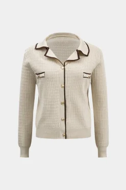 MICAS Knitwear|Knit Sets-Knit Metallic Button Fake Pocket Long-Sleeve Top And Skirt Set BEIGE