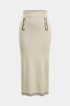 MICAS Knitwear|Knit Sets-Knit Metallic Button Fake Pocket Long-Sleeve Top And Skirt Set BEIGE