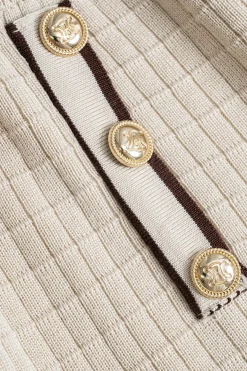 MICAS Knitwear|Knit Sets-Knit Metallic Button Fake Pocket Long-Sleeve Top And Skirt Set BEIGE