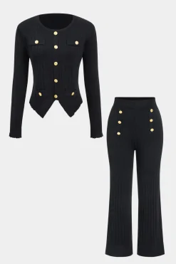 MICAS Knitwear|Knit Sets-Knit Metallic Button Pocket Top And Trousers Set BLACK