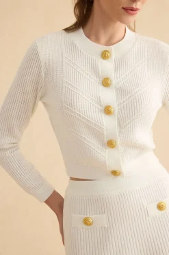 MICAS Knit Tops-Knit Metallic Round Neck Long-Sleeve Top WHITE