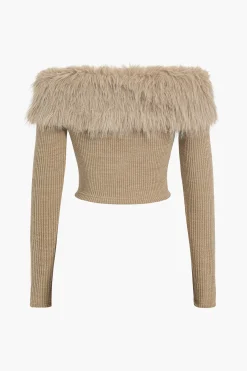 MICAS Knitwear|Knit Tops-Knit Off Shoulder Patchwork Faux Fur Long-Sleeve Top KHAKI