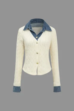 MICAS Knitwear|Knit Tops-Knit Patchwork Denim Long-Sleeve Top