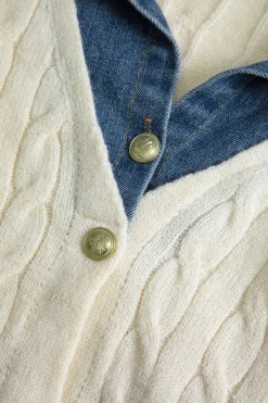 MICAS Knitwear|Knit Tops-Knit Patchwork Denim Long-Sleeve Top