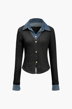 MICAS Knitwear|Knit Tops-Knit Patchwork Denim Long-Sleeve Top