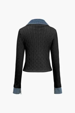 MICAS Knitwear|Knit Tops-Knit Patchwork Denim Long-Sleeve Top