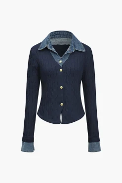 MICAS Knitwear|Knit Tops-Knit Patchwork Denim Long-Sleeve Top
