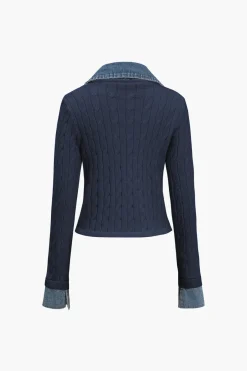 MICAS Knitwear|Knit Tops-Knit Patchwork Denim Long-Sleeve Top