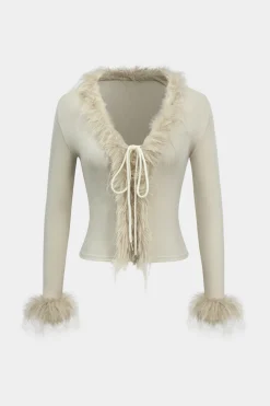 MICAS Knitwear|Knit Tops-Knit Patchwork Faux Fur Tie-Up Long-Sleeve Top KHAKI