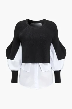 MICAS Knitwear|Knit Tops-Knit Patchwork Sweater Long-Sleeve Top